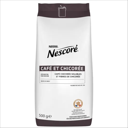 NESTLÉ NESCORÉ - Café Chicorée Soluble et Fibre de Chicorée - Source de Fibre - Pause Café - Produit en France - Approvisionnement 100% plus Responsable - Sachet de 500 g Poche 500g