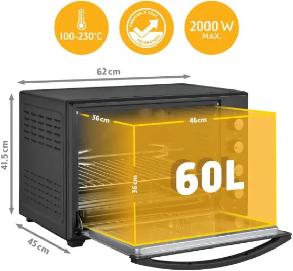 TZS First Austria - Mini-Four 60L 2000W - Four spacieux pour pizza avec température jusqu'à 230°C et 6 modes - Avec minuterie de 60 min, 4 hauteurs d'insertion, plaque, grille et tournebroche rotatif