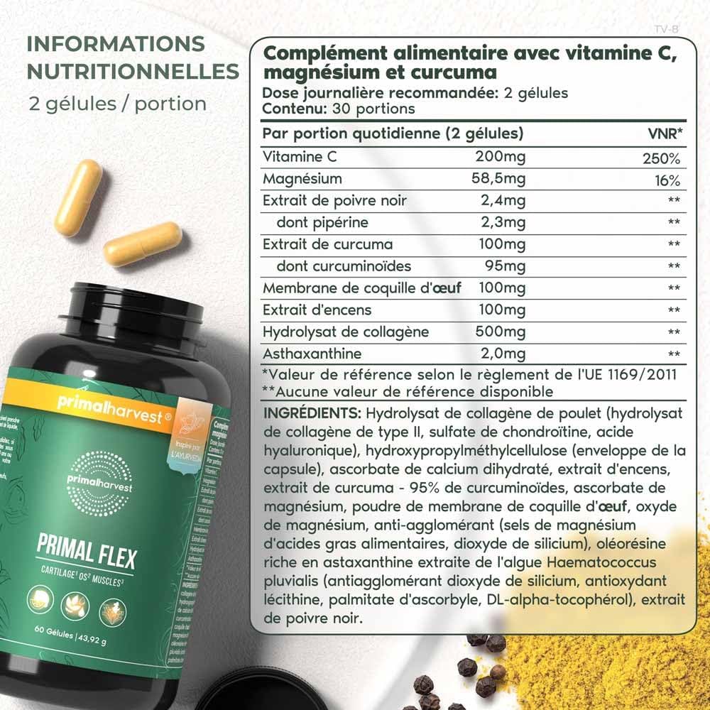 PRIMAL FLEX ARTRO PLUS - 60 capsules hautement dosées & testées en laboratoire avec magnésium, vitamine C pour des os solides - Inspiré de l'Ayurveda, acide hyaluronique, collagène inclus - 60 unité (Lot de 1)