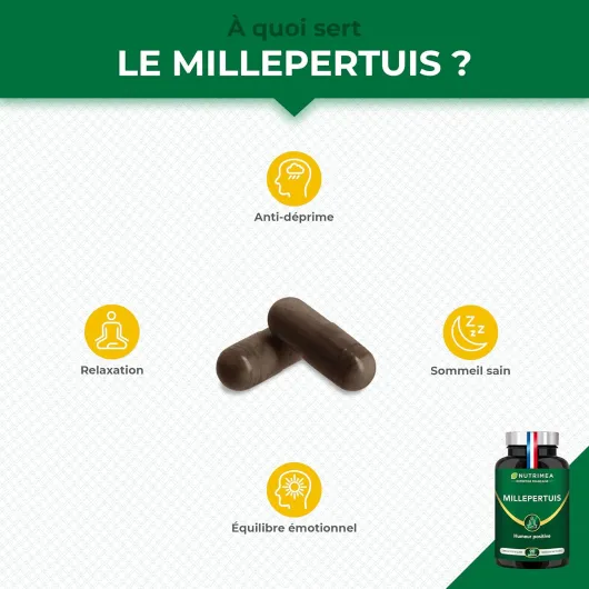 MILLEPERTUIS - Extrait Titré Hautement Concentré en Hypericine - 500mg - 100% Naturel - Anti-Déprime, Bonne Humeur, Anti-Stress & Sommeil - 90 Gélules Vegan - Nutrimea - Fabriqué en France