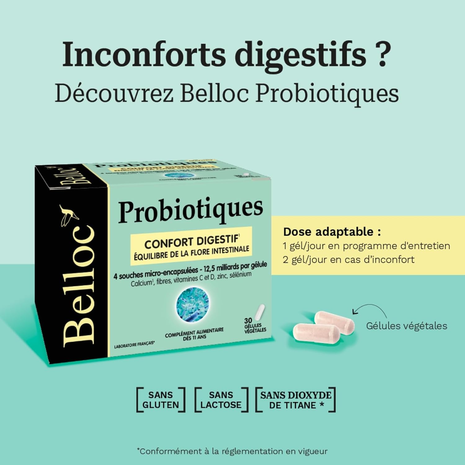 Probiotiques - Confort digestif – Equilibre de la Flore Intestinale - 4 Souches Microbiotiques - Dès 11 ans - 30 Gélules Végétales Sans saveur 30 unité (Lot de 1)