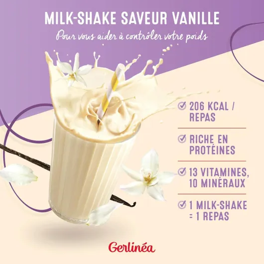 GERLINÉA – Boisson Milkshake Vanille – Substitut de Repas Minceur Riche en Protéines – 13 Vitamines & 10 Minéraux – Faible en Graisses Saturées – 15 repas Facile à Préparer, 436 g