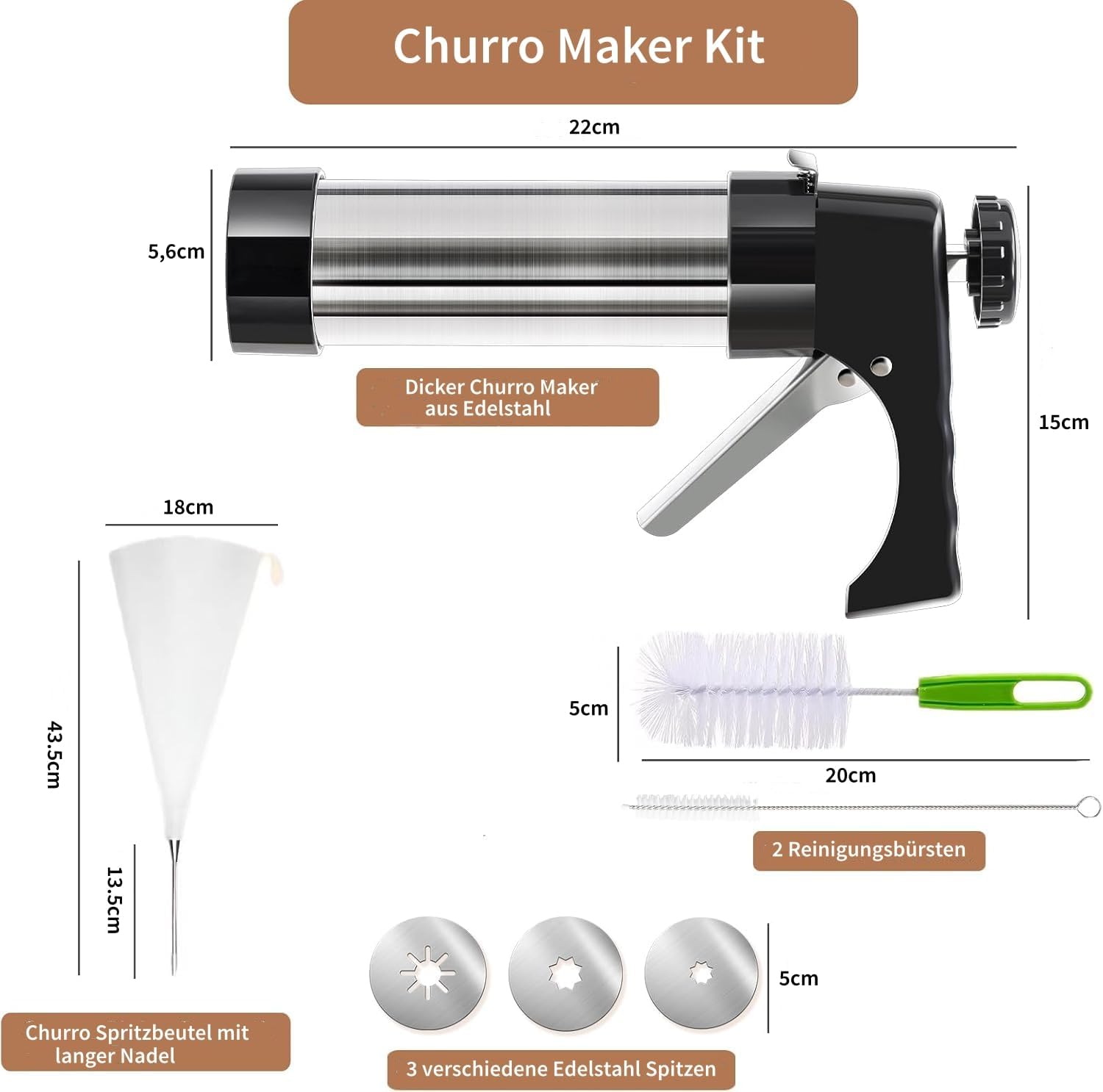 Churrera avec 3 buses de formes différentes, churrens pour churros, poche à douille avec buses pour diverses décorations, machine à churros Ø 5,6 x 21 cm