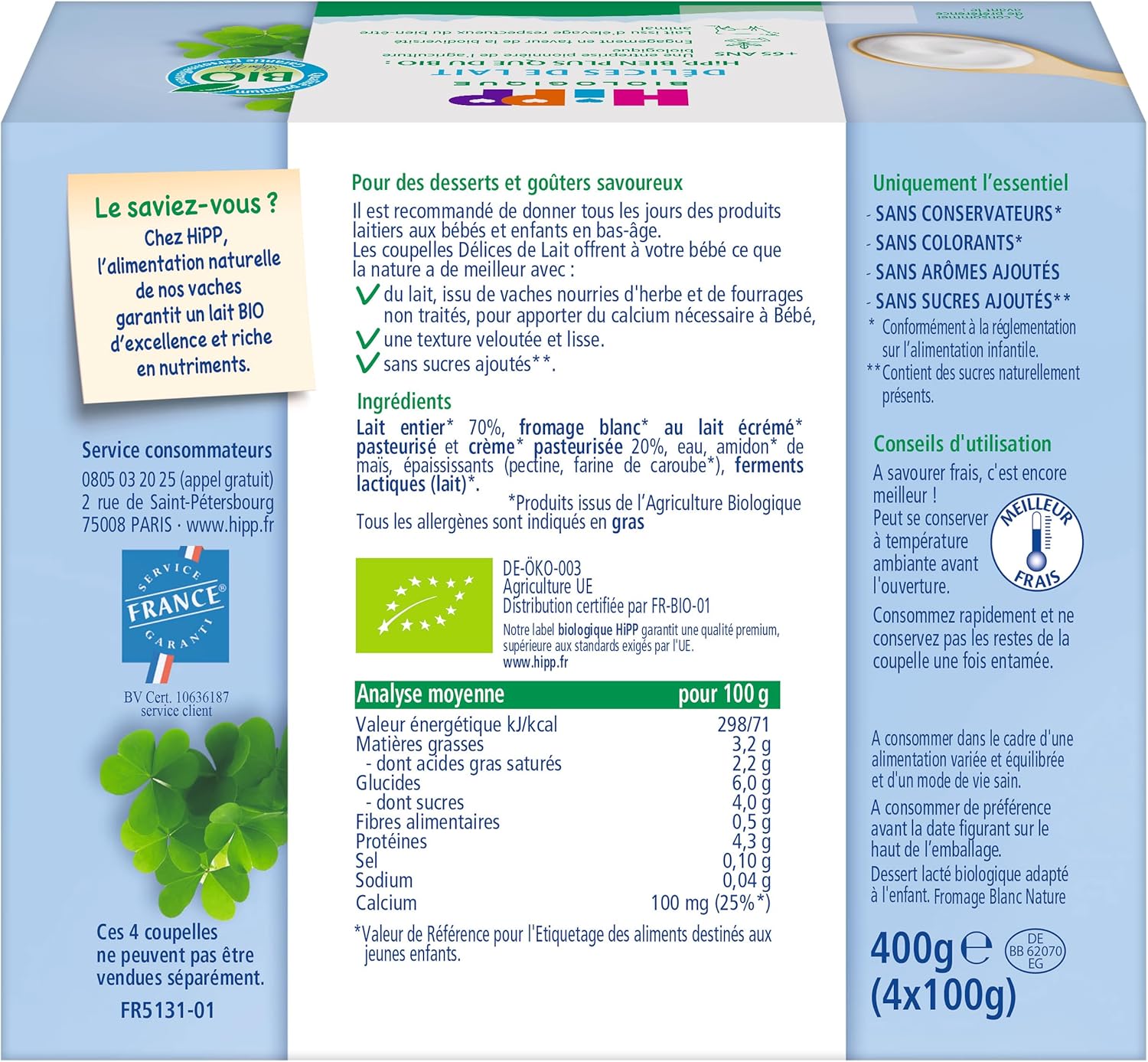 Délices De Lait - Fromage Blanc Nature - Coupelles 4x100g - Lot de 6 - BIOLOGIQUE Fromage Blanc Nature Nouvelle recette 6x4 100g