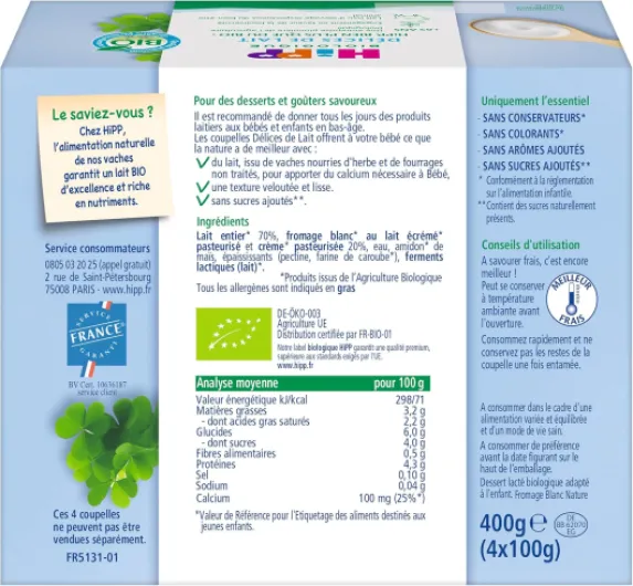 Délices De Lait - Fromage Blanc Nature - Coupelles 4x100g - Lot de 6 - BIOLOGIQUE Fromage Blanc Nature Nouvelle recette 6x4 100g