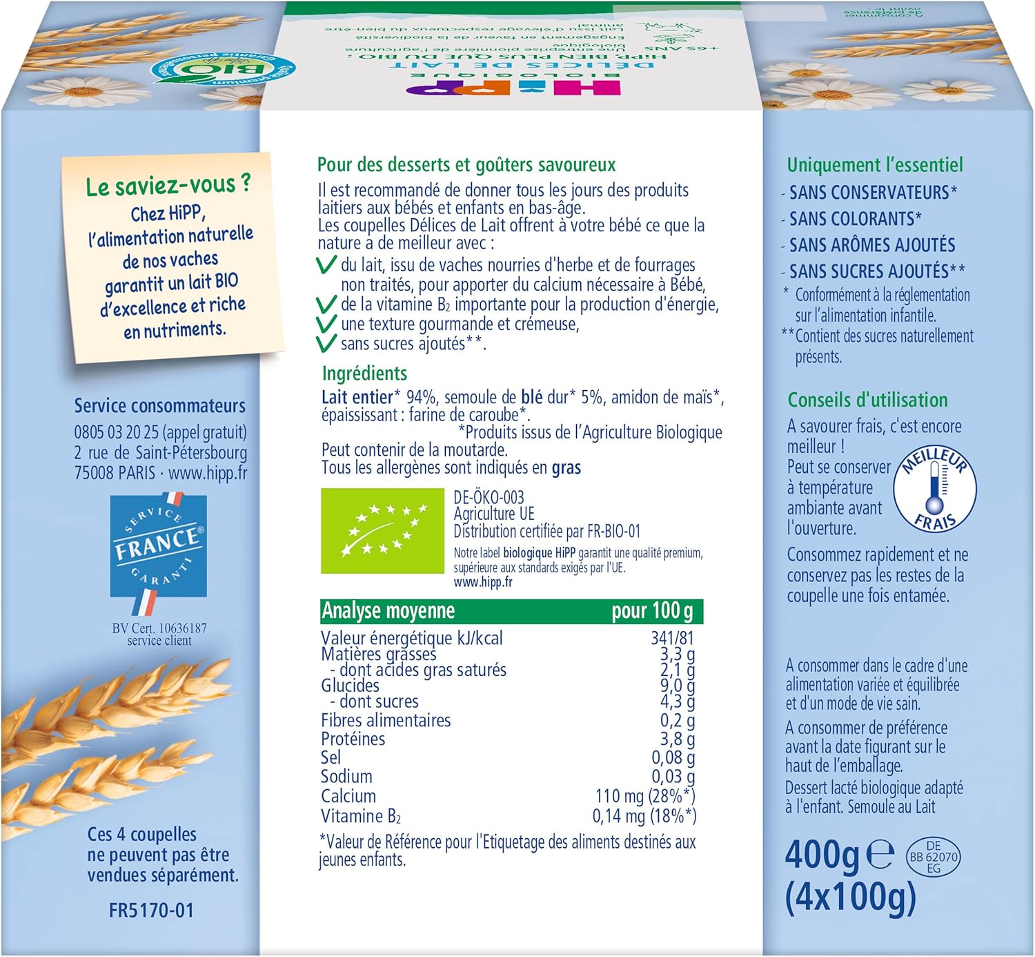 Délices De Lait - Semoule au lait entier - Coupelles 4x100g - Lot de 6 - BIOLOGIQUE Semoule au Lait Entier Nouvelle recette 6x4 100g
