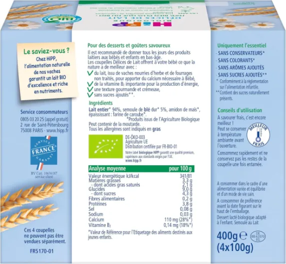 Délices De Lait - Semoule au lait entier - Coupelles 4x100g - Lot de 6 - BIOLOGIQUE Semoule au Lait Entier Nouvelle recette 6x4 100g