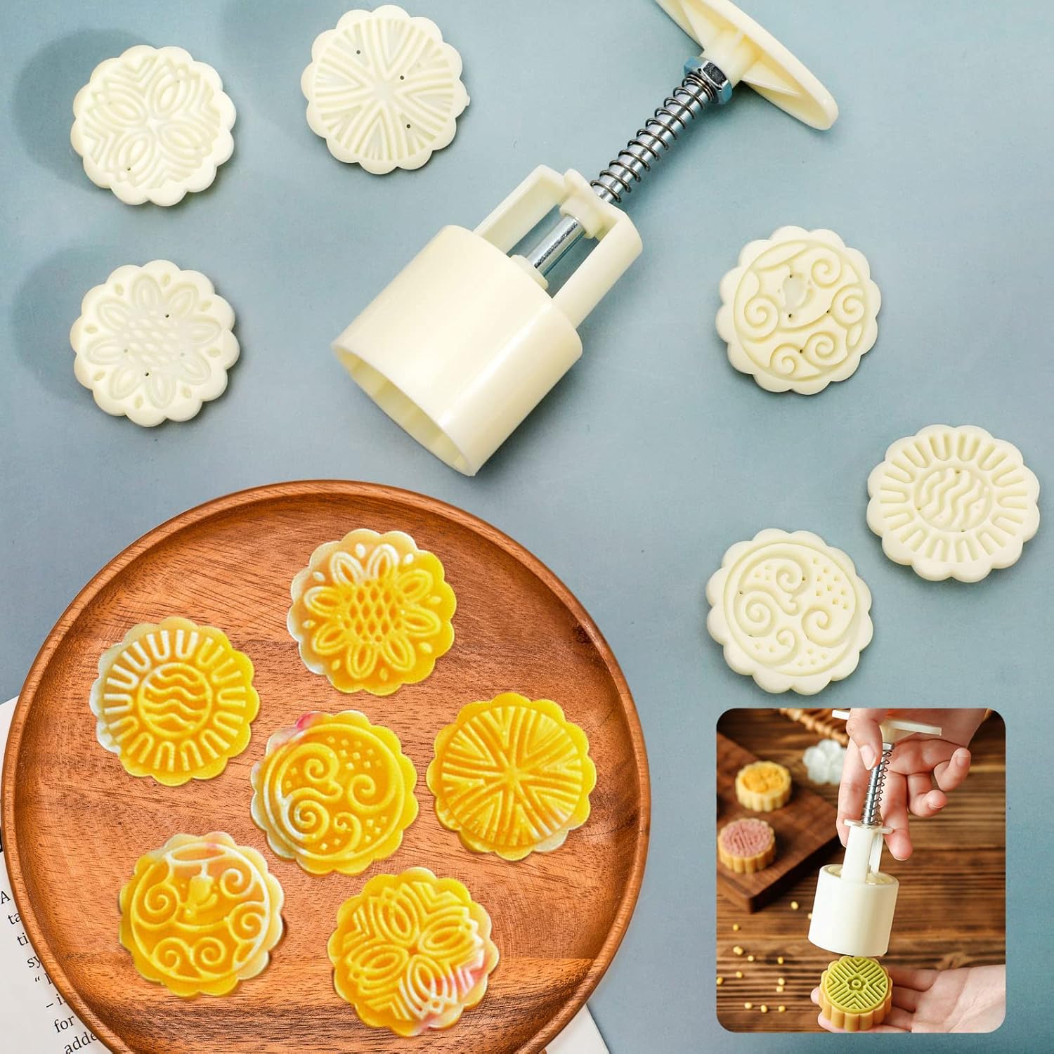 Moule à Lune Gâteau Mooncake avec 6 tampons à biscuits, Emporte Piece Gateau Oriental, Chanceux 50g Presse à Biscuit en Motif fleurs Outils de bricolage pour pâtisserie,Biscuits,Desserts,Blanc