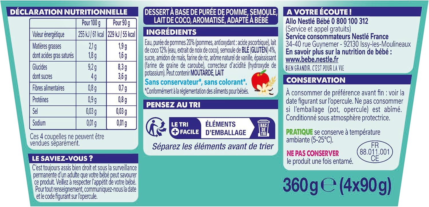 NESTLÉ BÉBÉ - P'TIT GOURMAND LAIT DE COCO, SEMOULE VANILLE DES 6 MOIS 4X90G Ldc/ Vanille / Semoule 4x90g