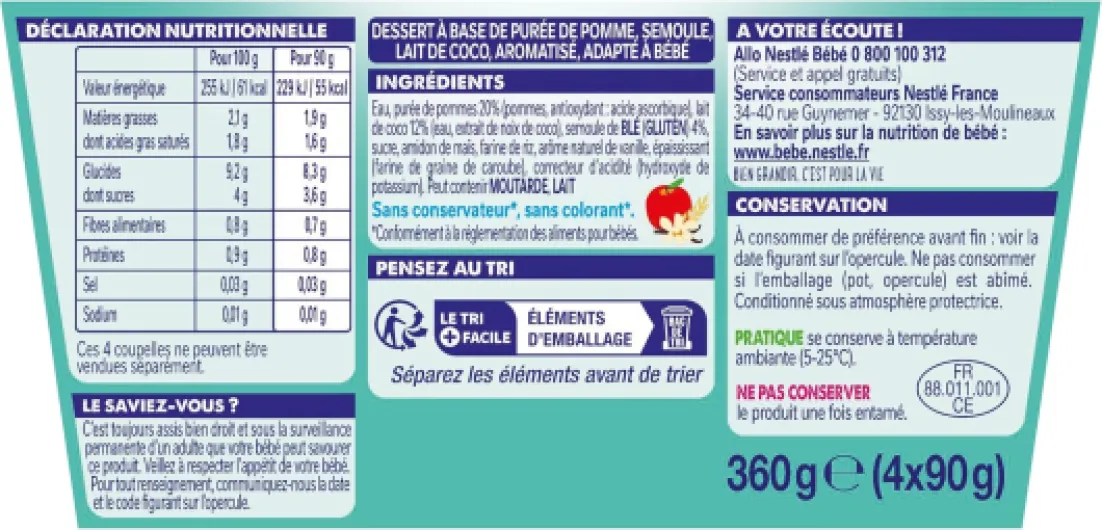 NESTLÉ BÉBÉ - P'TIT GOURMAND LAIT DE COCO, SEMOULE VANILLE DES 6 MOIS 4X90G Ldc/ Vanille / Semoule 4x90g