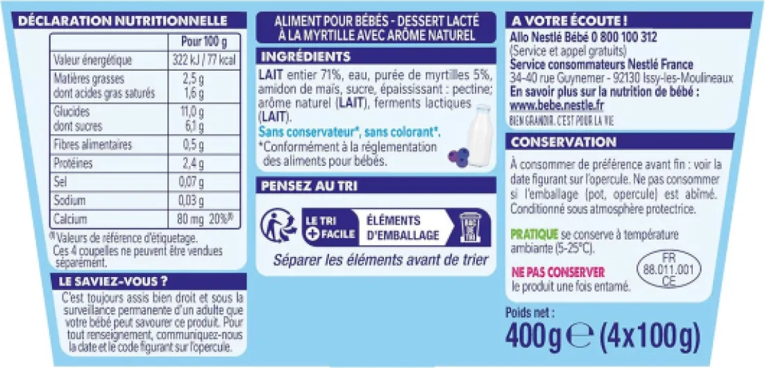 Nestlé Bébé - P'tit Brassé - Desserts Lactés - Myrtille- Dès 6 mois - 4x100g