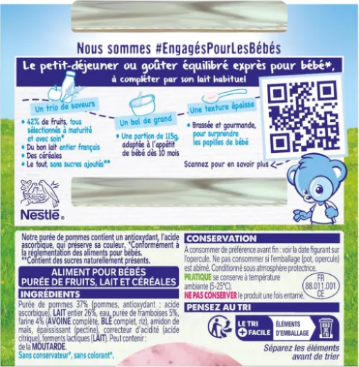 NESTLÉ BÉBÉ - P'TIT BRASSÉ LAIT FRUITS CÉRÉALES POMME FRAMBOISE DES 6 MOIS 2X115G Pomme/ framboise 2x115g