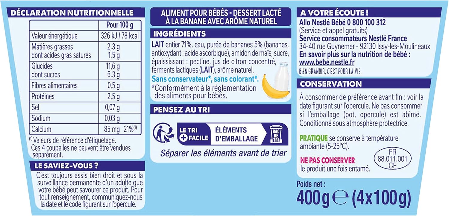 Nestlé Bébé - P'tit Brassé Banane - Laitage dès 6 mois - 4 x 100g (4 Laitages ) 4x100g
