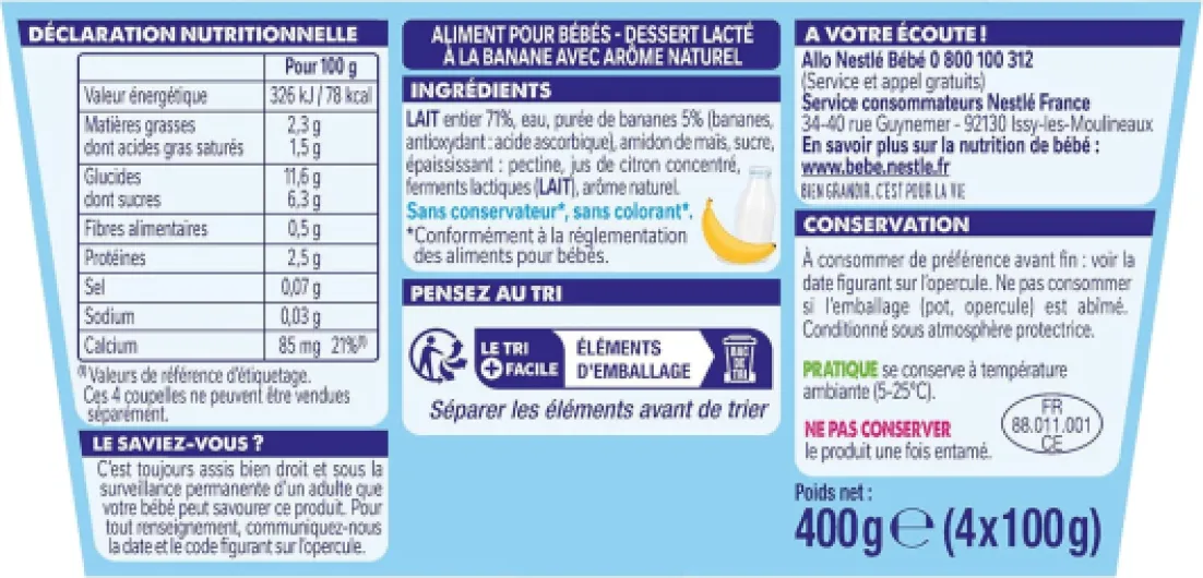 Nestlé Bébé - P'tit Brassé Banane - Laitage dès 6 mois - 4 x 100g (4 Laitages ) 4x100g