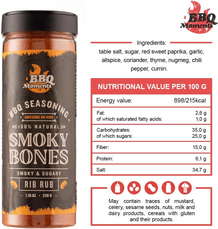 BBQ Moments Epices pour Barbecue pour Grill Viande, Roti de Boeuf, Boeuf Carpaccio, Viande Hachée, Poudre Epices et Assaisonnements Grillade, 220g (7.76 Oz) Rib Rub 220 g (Lot de 1)