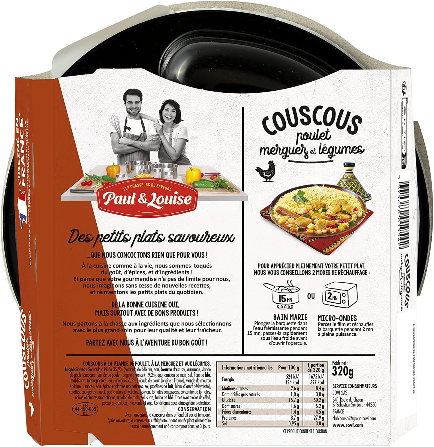 Paul & Louise Couscous poulet merguez Légumes 300g - Prêt en 2 min- 100% viande origine France 320 g (Lot de 1)