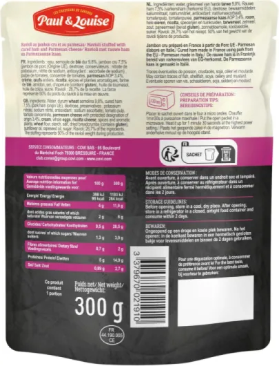 Paul & Louise Ravioli Jambon Cru, Parmesan 300g - Sachet micro-ondable - Prêt en 1 minute 30 - Pâte aux œufs - 100% viande origine France - Sans colorant - Sans arôme artificiel - Nutriscore B