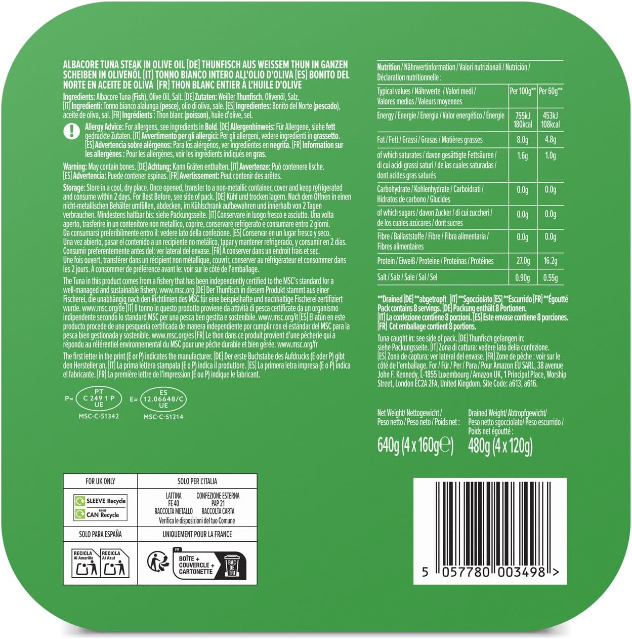 MSC Thon Blanc Entier À l'huile D'olive, 4x160g l'huile d'olive 160 g (Lot de 4)