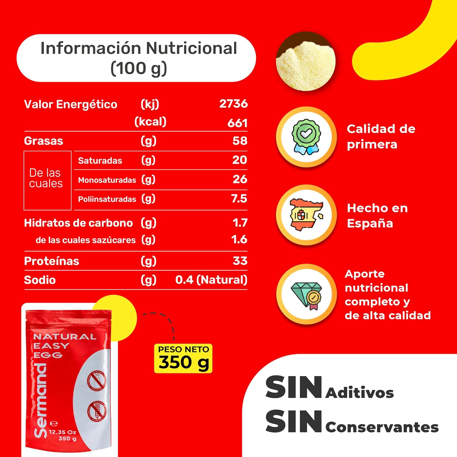 Jaune d'Œuf en Poudre (350 g) - Jaunes d'Œufs Camperos - Œufs Pasteurisés - Sans Additifs - Produits Sans Lactose - Présentation en Sachet Zip