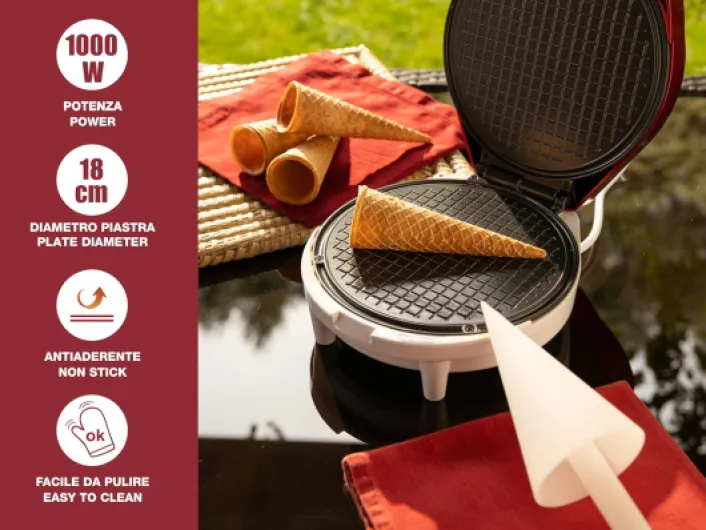 P101CUD002 Gaufrier électrique, 1000 W, Gaufrier pour cônes 18 cm, Poignée isolante, Accessoires pour cônes inclus, Blanc/Rouge