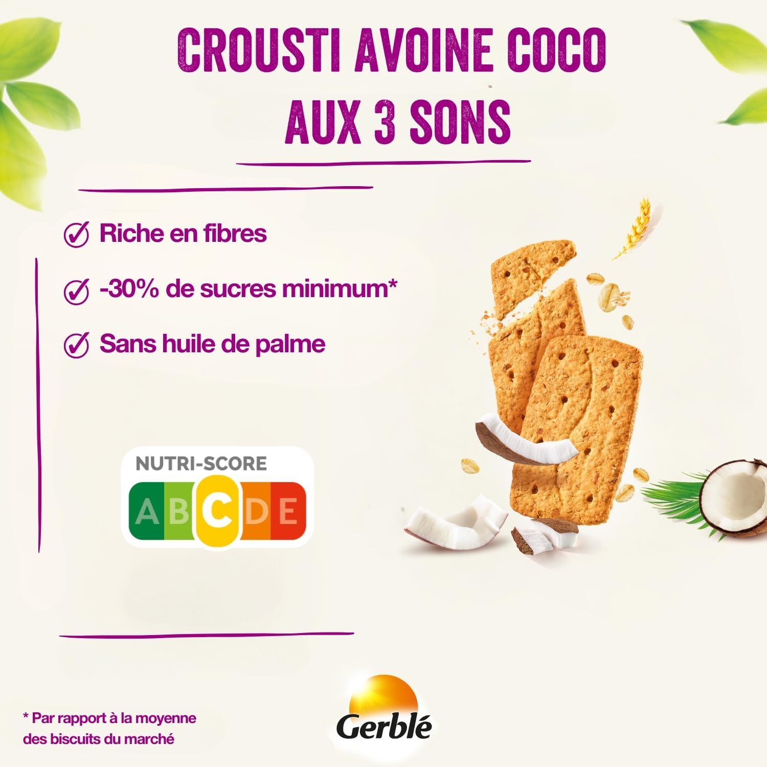 GERBLÉ – Croustillants Avoine Coco aux 3 Sons – Riche en Fibres – Flocons d’Avoine, Noix de Coco et Sons de Céréales – Texture Croquante – 4 Sachets – 192 g Avoine - Coco