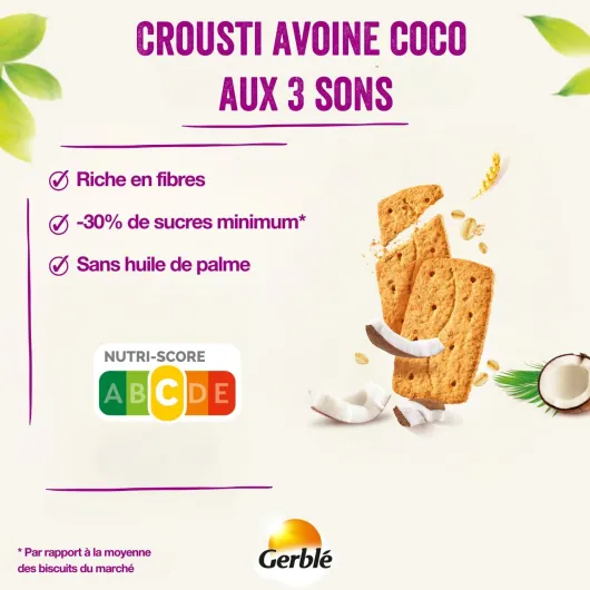 GERBLÉ – Croustillants Avoine Coco aux 3 Sons – Riche en Fibres – Flocons d’Avoine, Noix de Coco et Sons de Céréales – Texture Croquante – 4 Sachets – 192 g Avoine - Coco
