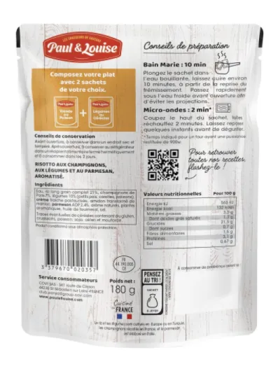 Paul & Louise Envie Du Jour - Risotto aux champignons, légumes et parmesan 180g - Sachet micro ondable - Prêt en 2 min - À combiner avec nos sachets de viande ou de poisson