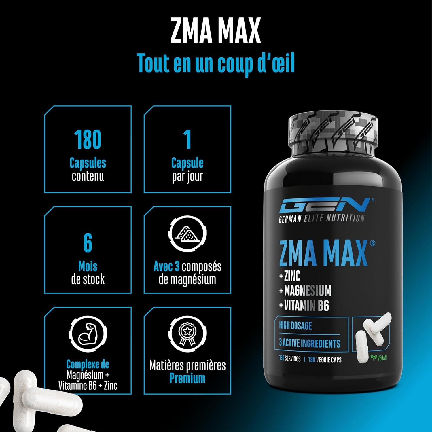 ZMA MAX - 180 Capsules - Dose Extra Haute - Zinc + Magnésium + Vitamine B6 - Premium : Avec 3 Composés de Magnésium - Vegan