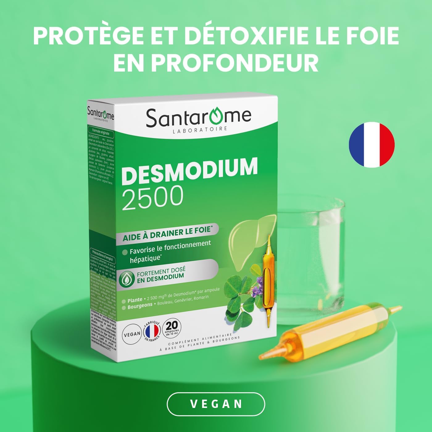 Desmodium 2500 - Complément Alimentaire Détoxifiant du Foie - Hépatique, Protection & Détoxification du Foie - Detox foie - A base de plantes - 20 ampoules - Made In France - Végan Desmodium 2500 - 20 ampoules