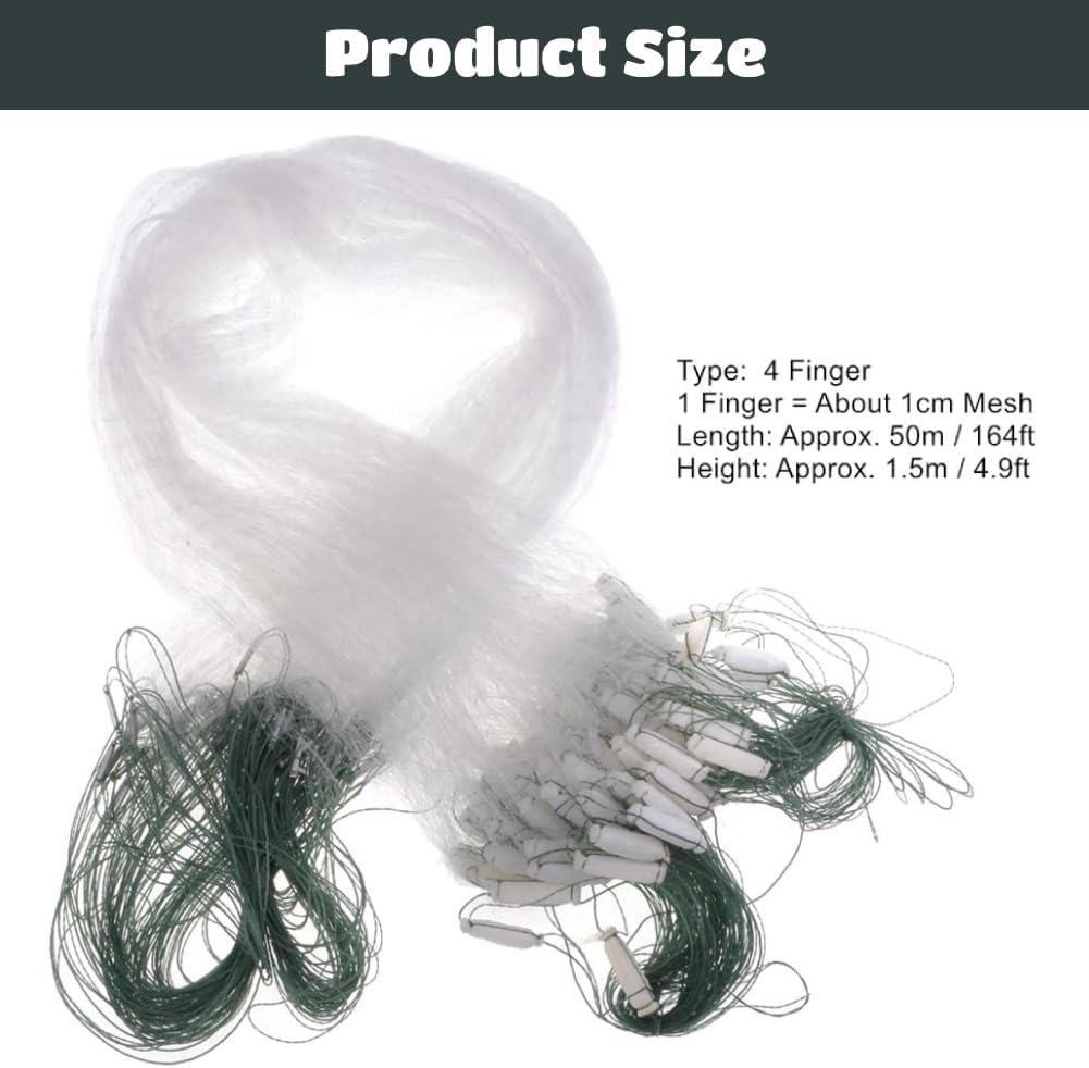 Filet de Pêche en Nylon, 50m Longueur 1.5m Hauteur Trois Couches avec Flotteur, Évier Net Lourd (4 Finger)
