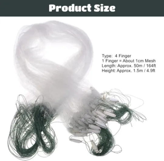 Filet de Pêche en Nylon, 50m Longueur 1.5m Hauteur Trois Couches avec Flotteur, Évier Net Lourd (4 Finger)