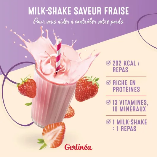 GERLINÉA – Boisson Milkshake Fraise – Substitut de Repas Minceur Riche en Protéines – 13 Vitamines & 10 Minéraux – Faible en Graisses Saturées – 15 Repas Facile à Préparer, 436 g
