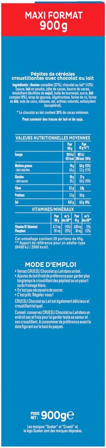 Cruesli Céréales Chocolat au Lait 900g Chocolat au lait 900 g (Lot de 1)