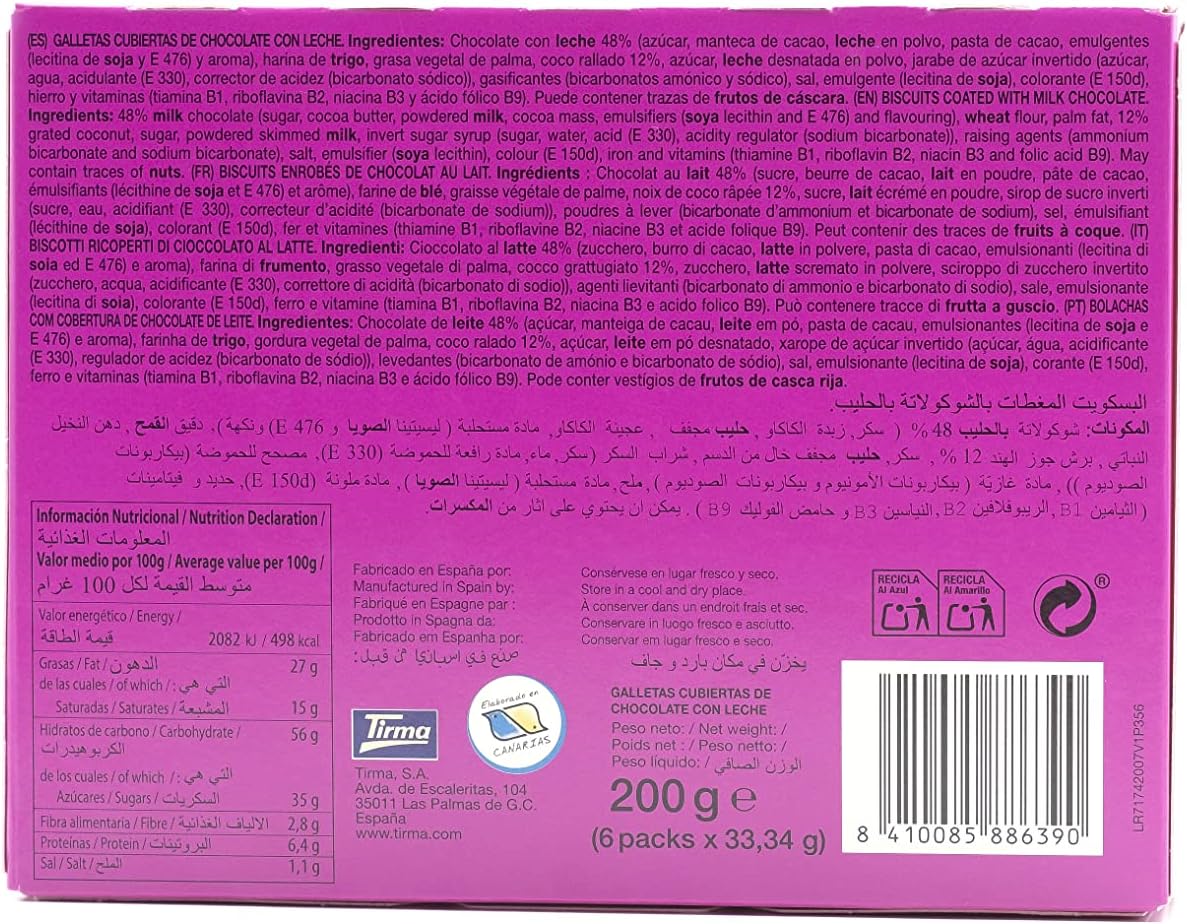 Tirma Biscuits au Coco enrobés de Chocolat au Lait 200g - Gâteaux Croquants à la Noix de Coco et Chocolat - Snack Végétarien Idéal pour le Goûter - Saveur Tropicale - Fabriqué aux Canaries 200 gramme