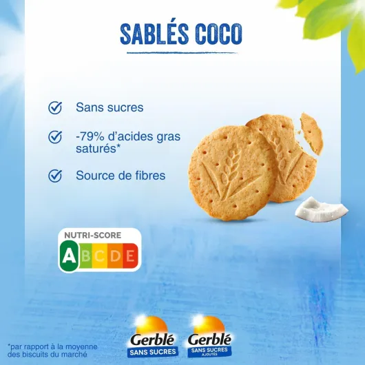GERBLÉ – Biscuits Coco – Sans Sucres – Sans Huile de Palme – Nutri-Score A – 3 Sachets Individuels – 12 Biscuits – Lot de 3 Boîtes