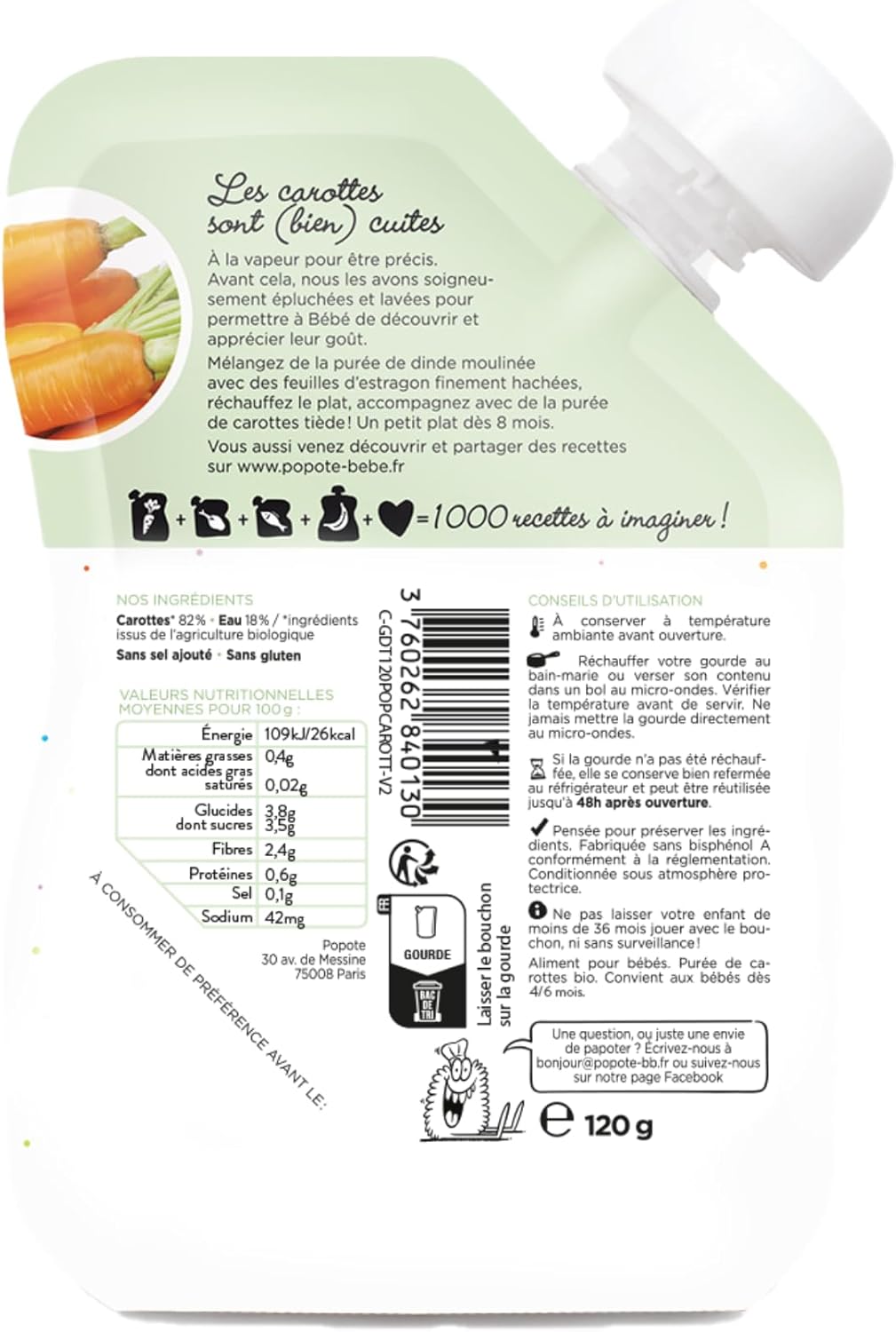 Purée Carottes Bio - Dès 4/6 Mois - Gourde Individuelle 120g - Recette Lisse, Équilibrée - Première Découverte des Légumes, Diversification Alimentaire - Format Pratique - Pack 10 x 120g