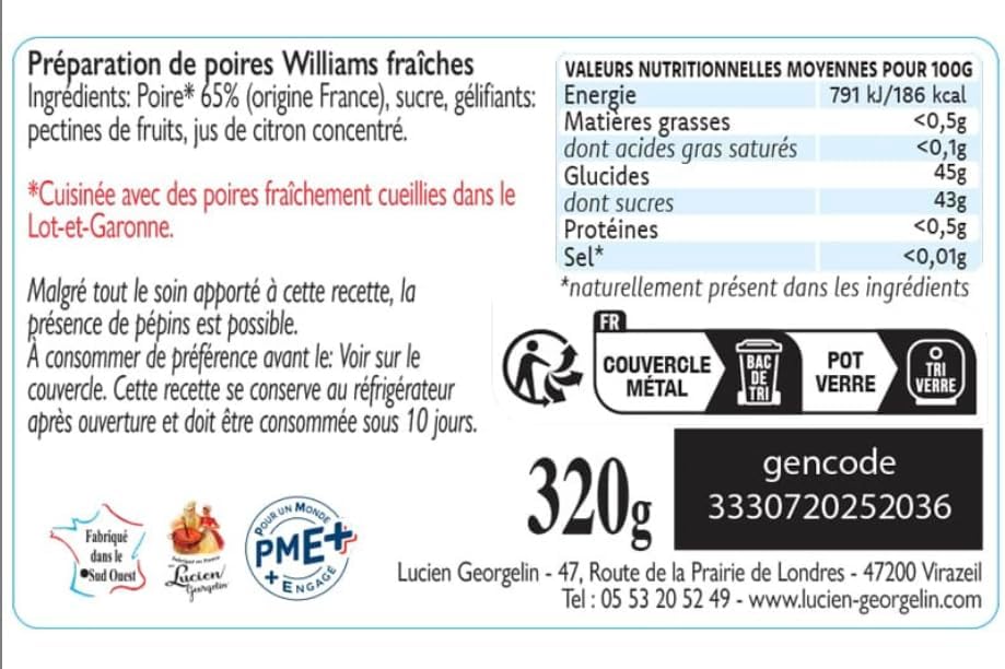 Lucien Georgelin Fondant de Poire Williams Fraîche le bocal de 320g