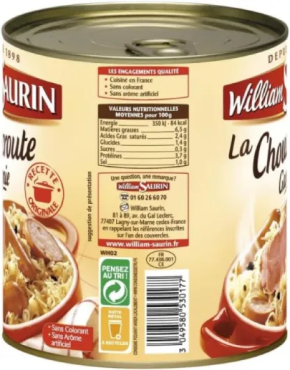 Choucroute garnie au vin blanc 800g de WILLIAM SAURIN - Plat cuisiné en conserve savoureux et pratique - - Le Lot De 3