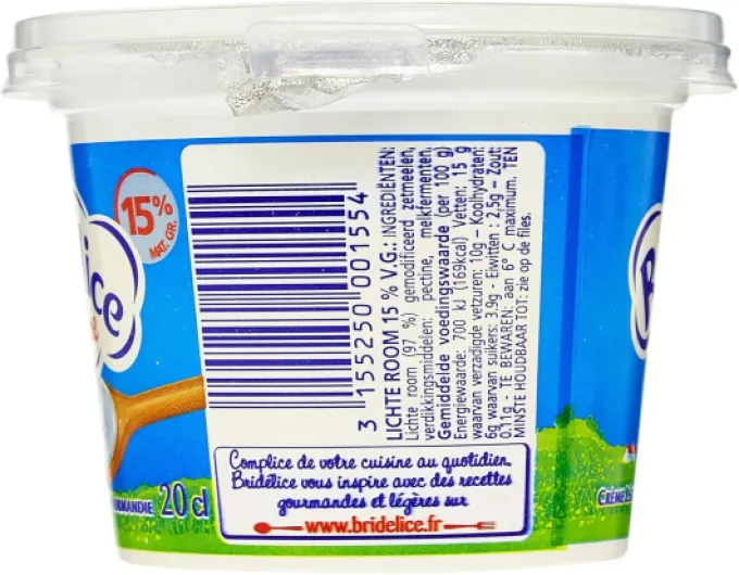 Crème fraîche épaisse légère Bridélice 15% MG pot 20cl