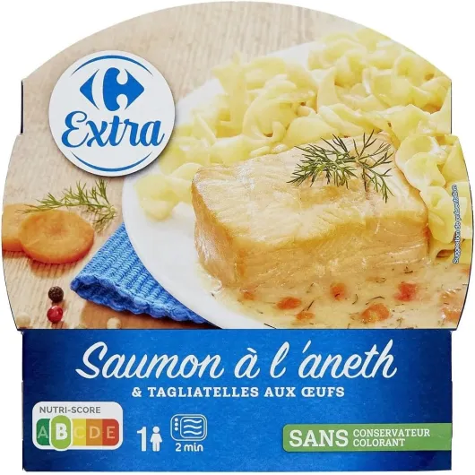 CARREFOUR EXTRA - Plat Cuisiné saumon tagliatelle - Saumon à l'Aneth et Tagliatelles aux Œufs · Prêt en 2 min au Micro-Ondes · Sans Conservateur ni Colorant - la barquette de 300g - Le Lot De 4