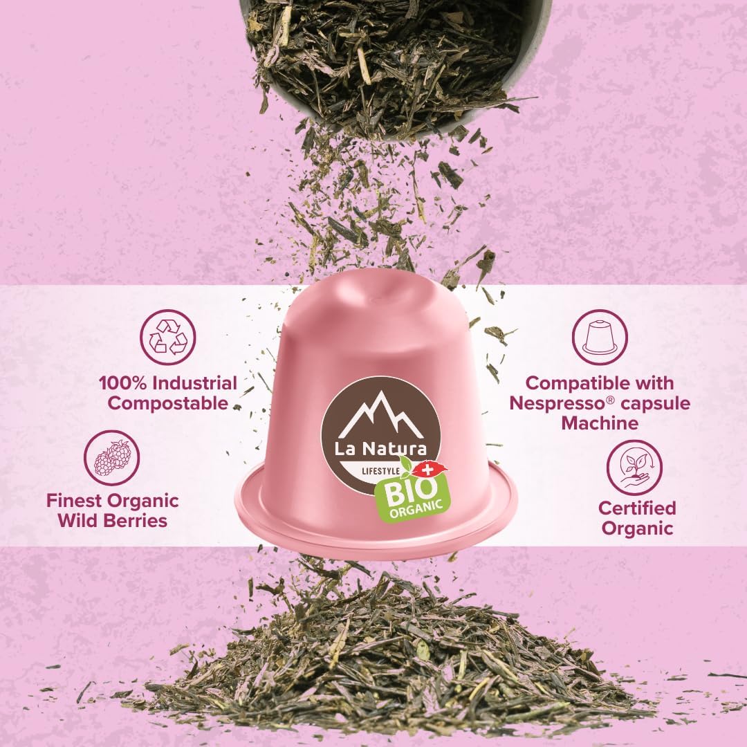 La Natura Lifestyle Thé Bio aux Baies Sauvages - 60 capsules de thé compatibles avec les machines à capsules Nespresso®³ - 100% compostables industriellement - respectueuses de l'environnement