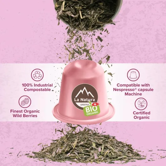 La Natura Lifestyle Thé Bio aux Baies Sauvages - 60 capsules de thé compatibles avec les machines à capsules Nespresso®³ - 100% compostables industriellement - respectueuses de l'environnement