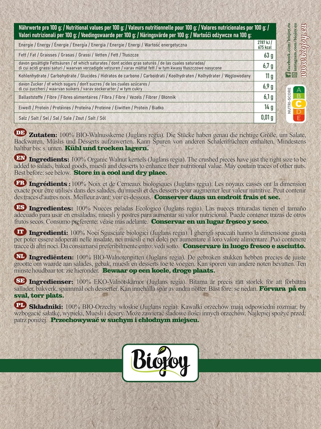 Cerneaux de Noix BIO (1 kg), morceaux, décortiquées (Juglans regia) 1 kg (Lot de 1)