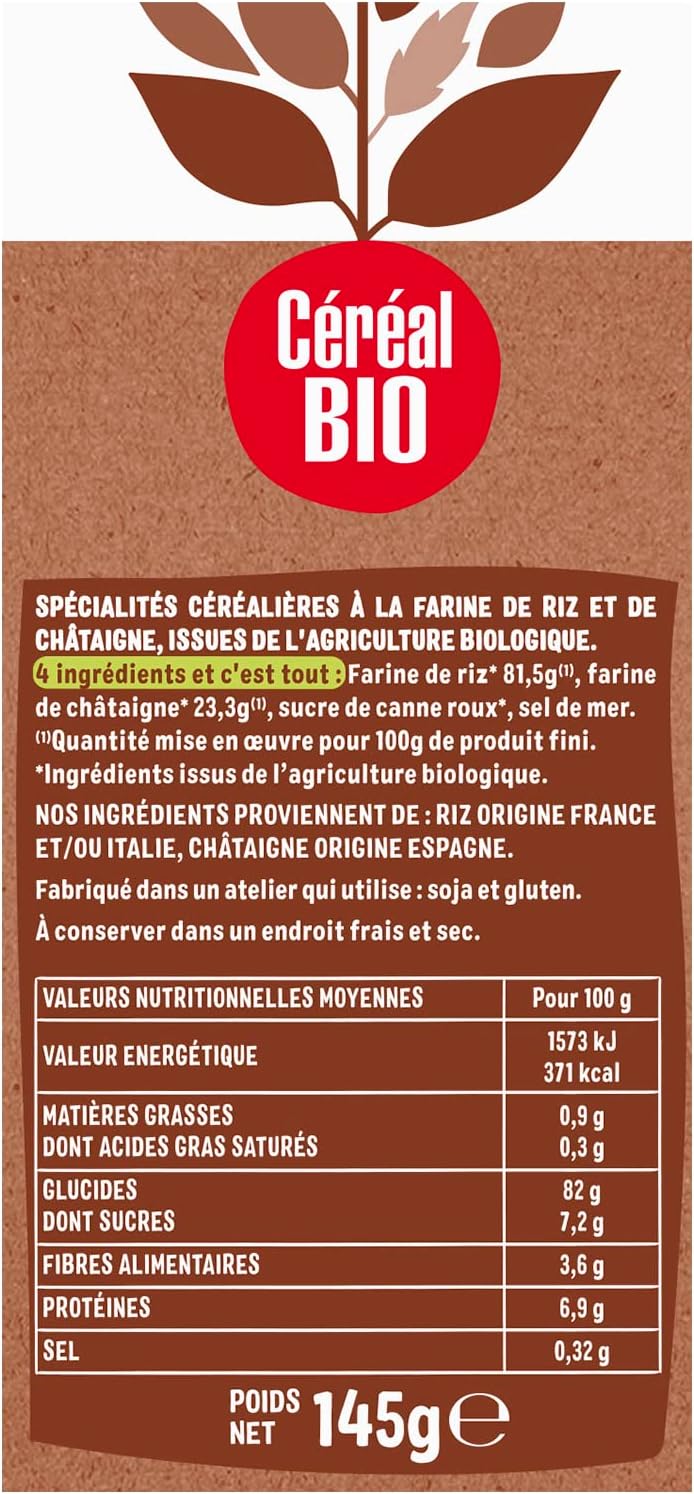CÉRÉAL BIO – Tartines Craquantes Riz Châtaigne Bio – Sans Gluten – Légères & Gourmandes – Goûter Végétarien, Petit-Déjeuner ou Pause Équilibrée – 3 Sachets Fraîcheur – Nutriscore A – 145g Riz & Châtaigne 145 g (Lot de 1)