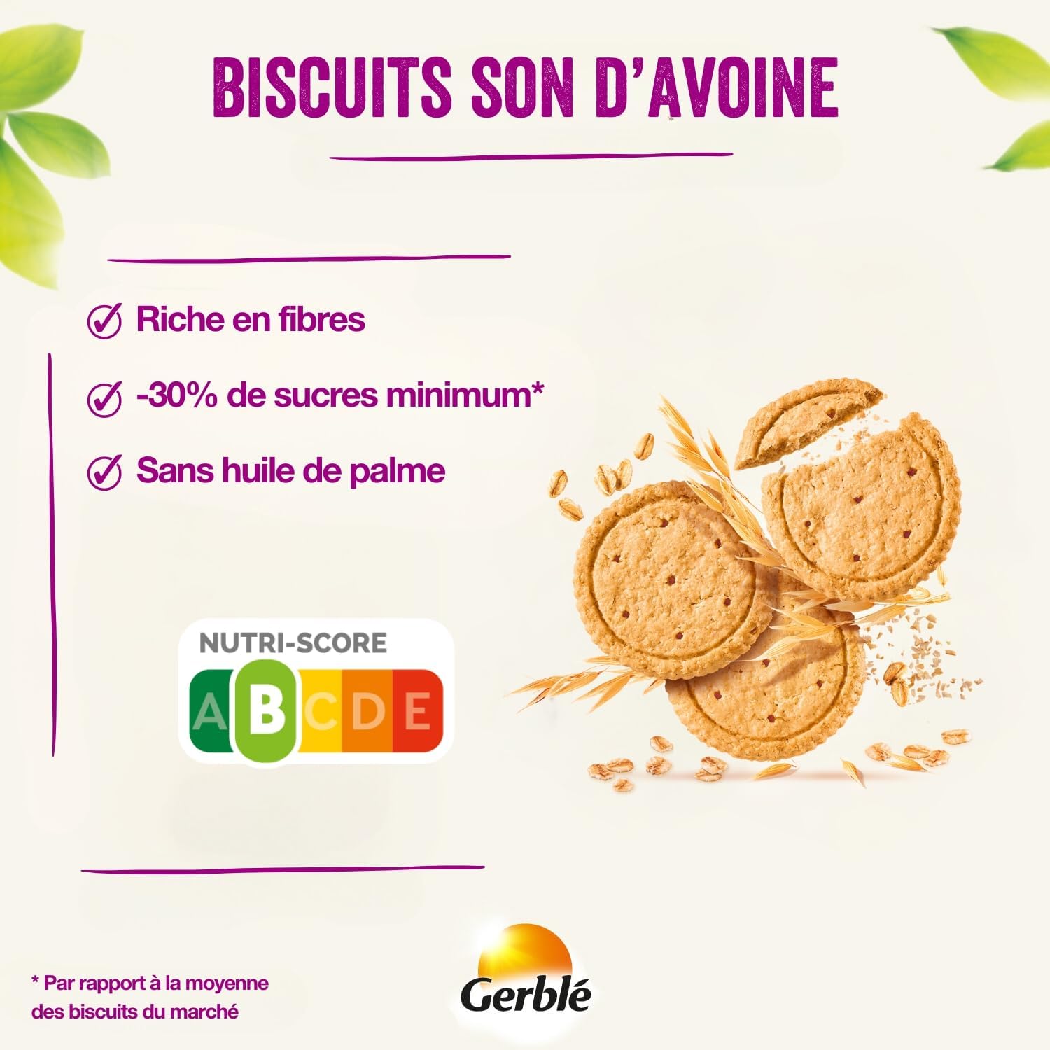 GERBLÉ – Biscuits Son d’Avoine – Riche en Fibres – Réduit en Sucres – Sans Huile de Palme – Nutri-Score B – 18 Biscuits – 144 g Son d'Avoine
