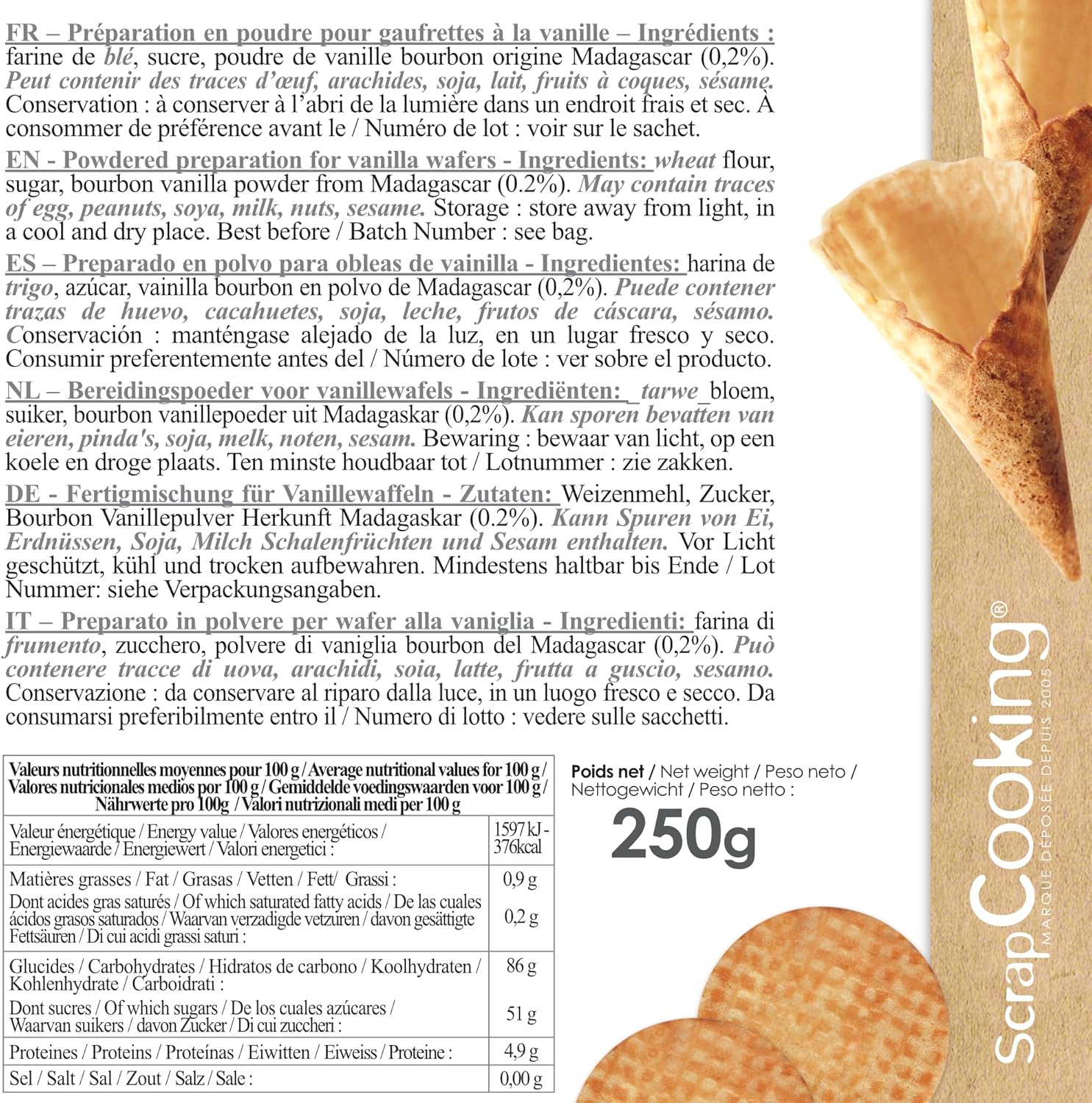 Préparation pour Cornets & Gaufrettes 250 g - Goût Vanille - Mix pour Wafers & Cônes de Glace Croustillants - Cuisine Pâtisserie - Fabriqué en France - 8546 Vanille 250 g (Lot de 1)