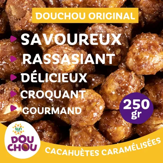 SUN - Douchou Original Cup 250 g - Cacahuètes Caramélisées - Gobelet Recyclable & Refermable - Chouchous Pralines au Chaudron - Pour Grignotage, Apéro 1