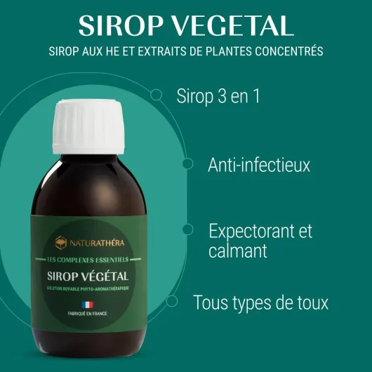 SIROP VÉGÉTAL - Huiles Essentielles & Extraits de Plantes - Immunité & confort respiratoire - Sans sucre ni alcool - Convient aux diabétiques - 150ml - Fabriqué en France - Vegan