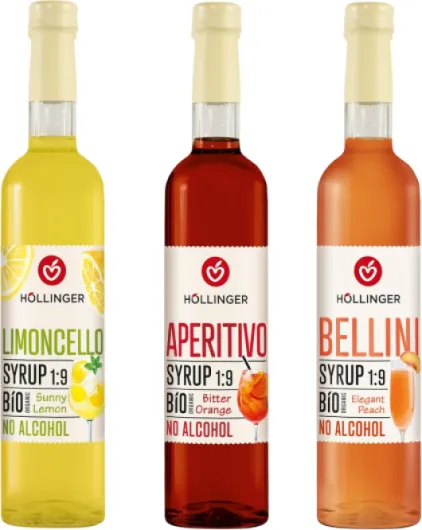 HÖLLINGER Sirops Viva Italia Cocktail Bio Sans Alcool, Pack de 3 Saveurs (Limoncello, Aperitivo, Bellini), 3x500ml, Concentré 1:9