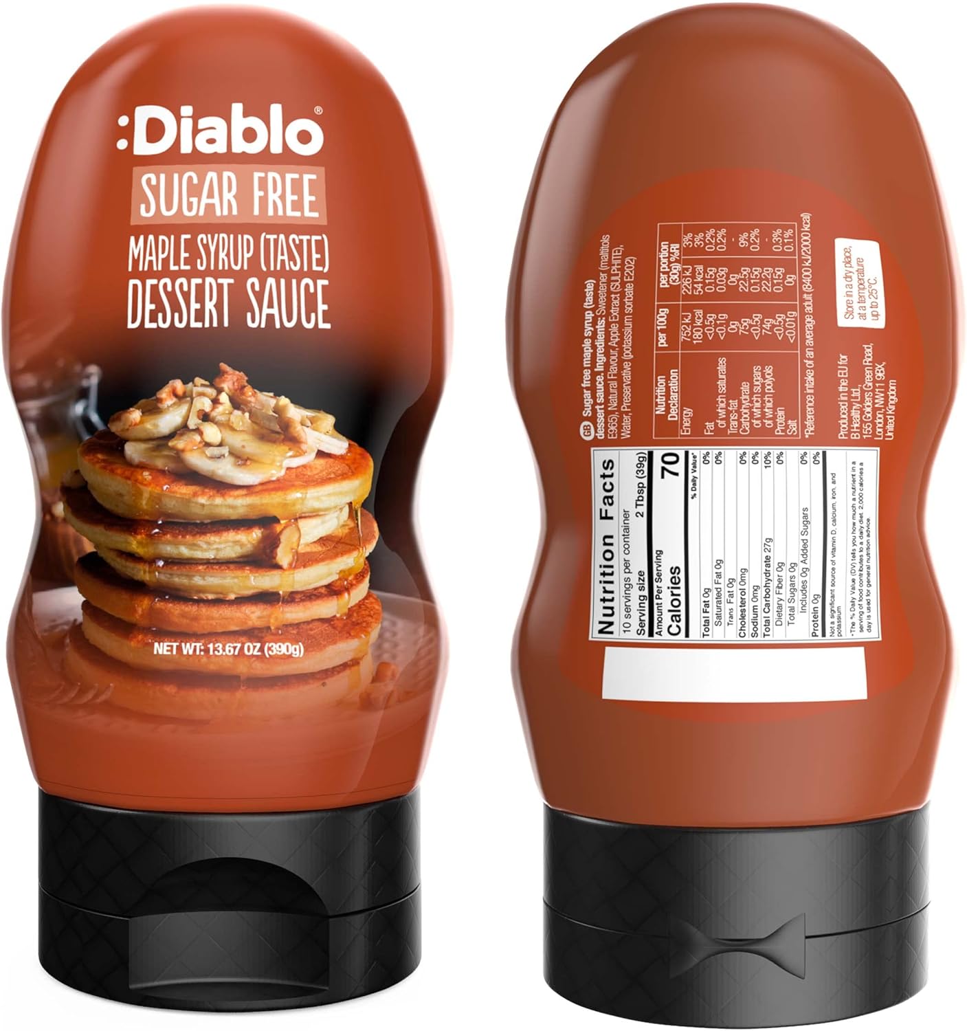Diablo Sauce dessert au sirop d'érable (goût) - Sans sucre - Sans gluten - Convient aux diabétiques - Panier disponible – Parfait pour offrir - 390 g Érable 390 ml (Lot de 1)